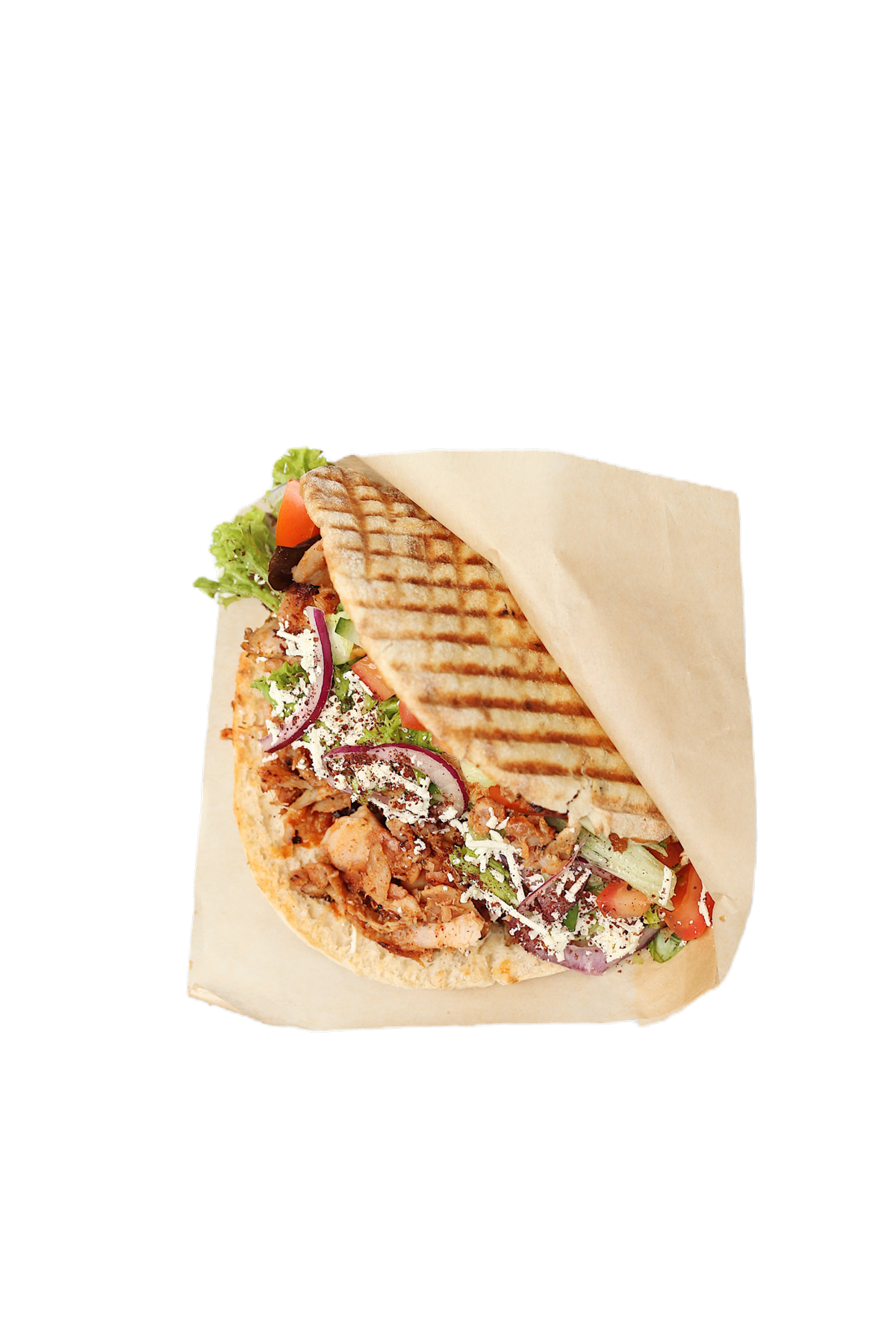 Pita z MATOKA Shawarma Bar plněná marinovaným kuřetem, zeleninou, červenou cibulí a omáčkou.